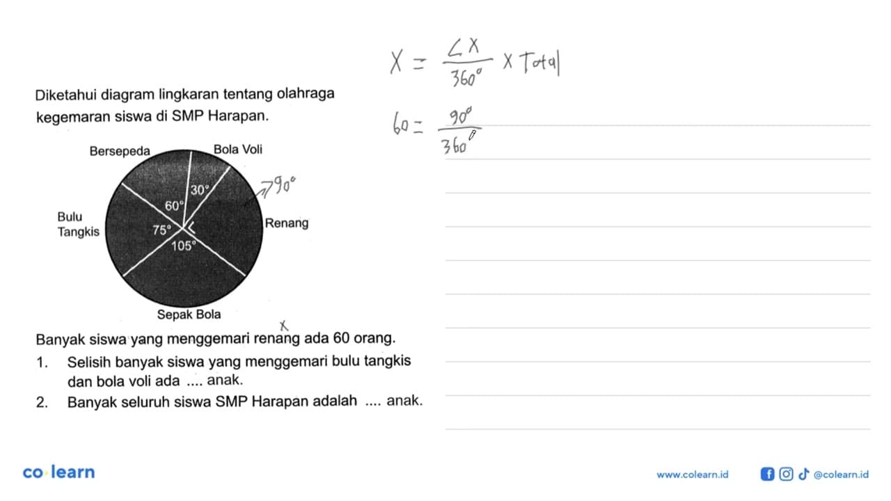 Diketahui diagram lingkaran tentang olahraga kegemaran