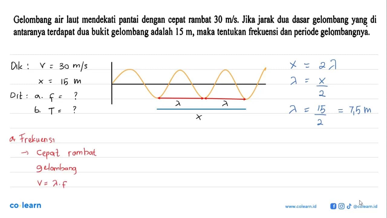 Gelombang air laut mendekati pantai dengan cepat rambat 30