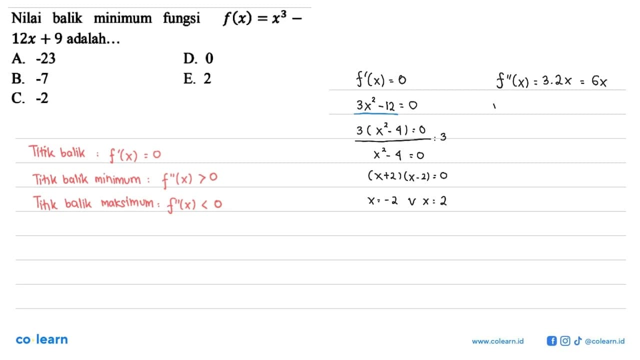 Nilai balik minimum fungsi f(x)=x^3-12x+9 adalah..