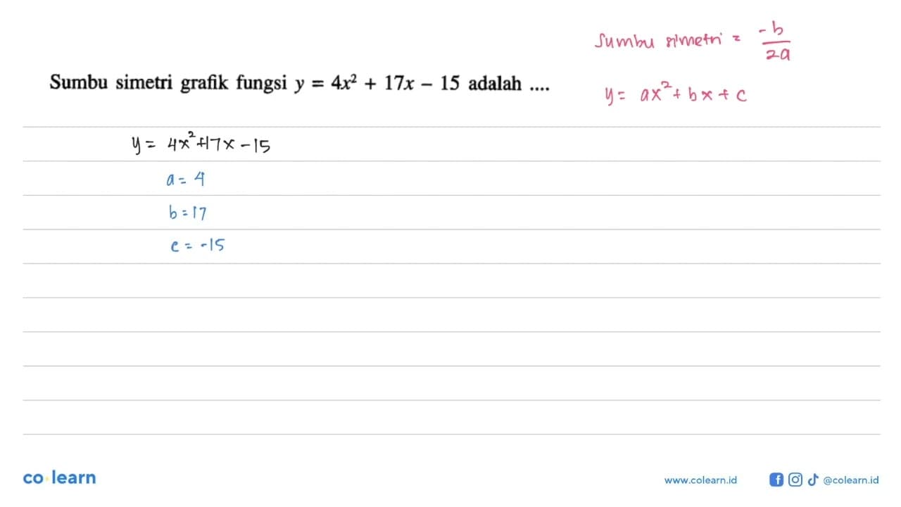 Sumbu simetri grafik fungsi y = 4x^2 + 17x - 15 adalah ...