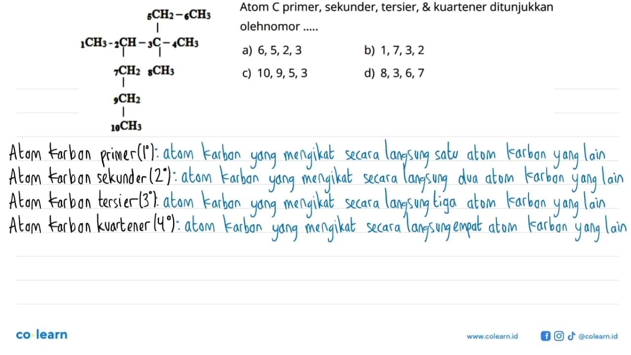 Atom C primer, sekunder, tersier, & kuartener ditunjukkan