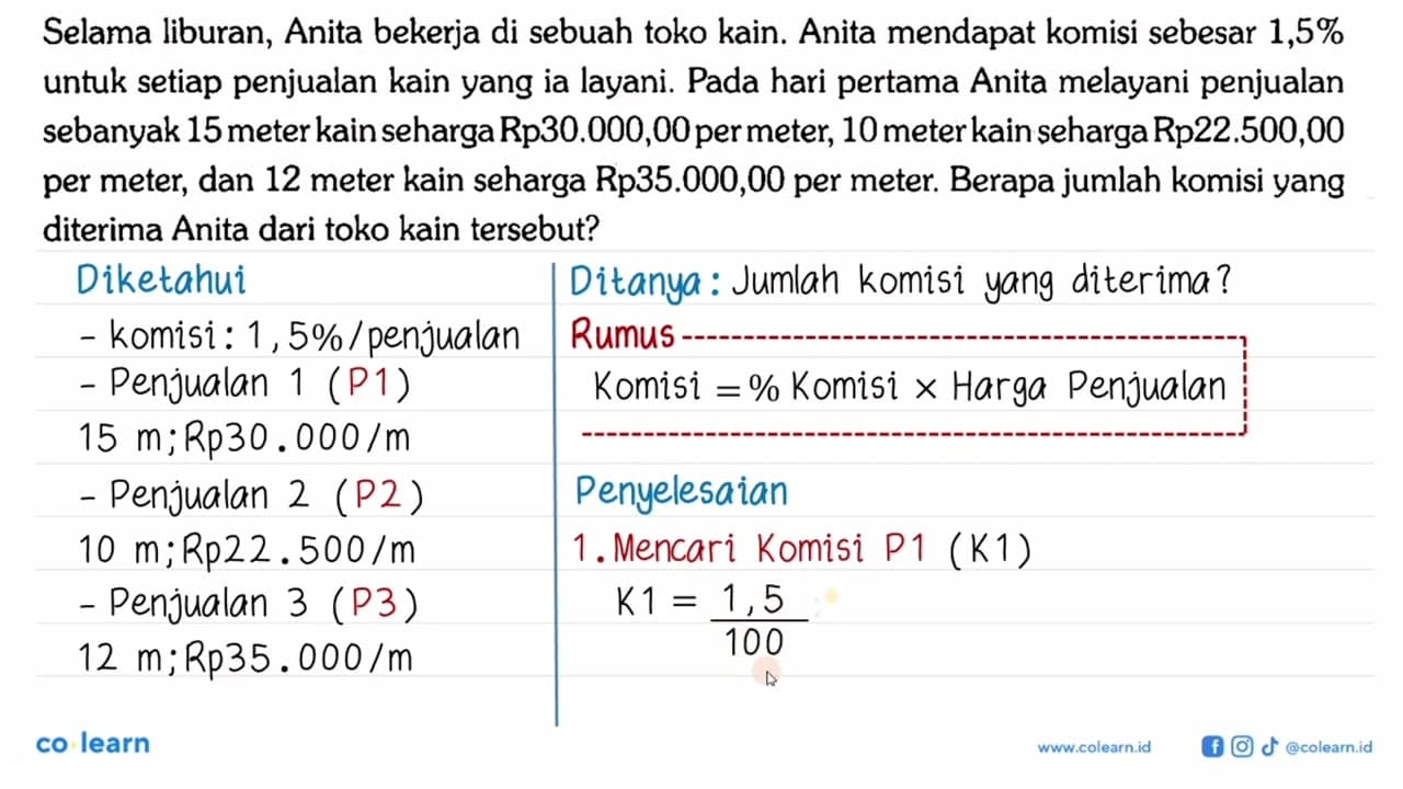 Selama liburan, Anita bekerja di sebuah toko kain. Anita