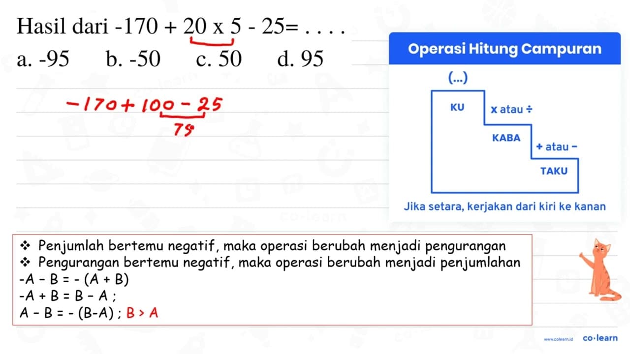 Hasil dari -170+20 x 5-25=... a. -95 b. -50 c. 50 d. 95