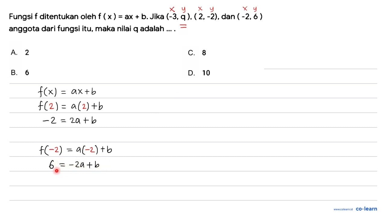 Fungsi f ditentukan oleh f(x)=a x+b . Jika (-3, q) .(2,-2)