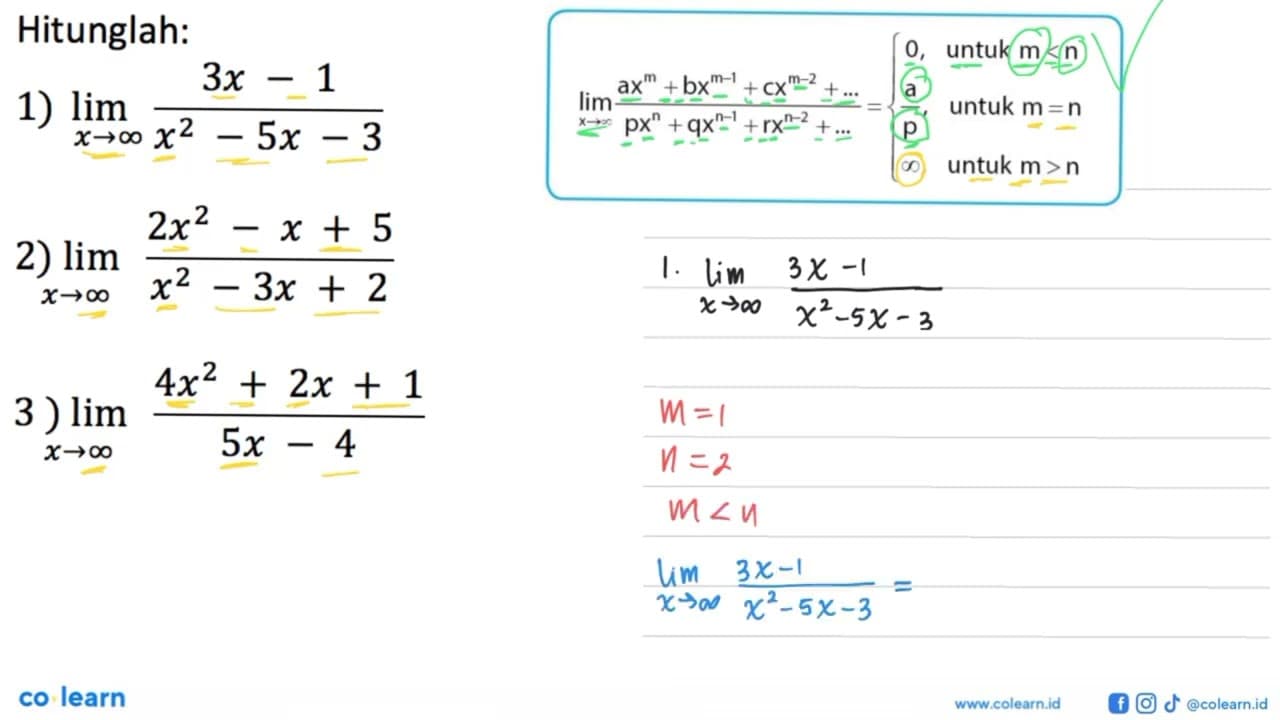 Hitunglah: 1) lim x->tak hingga (3x-1)/(x^2-5x-3) 2) lim