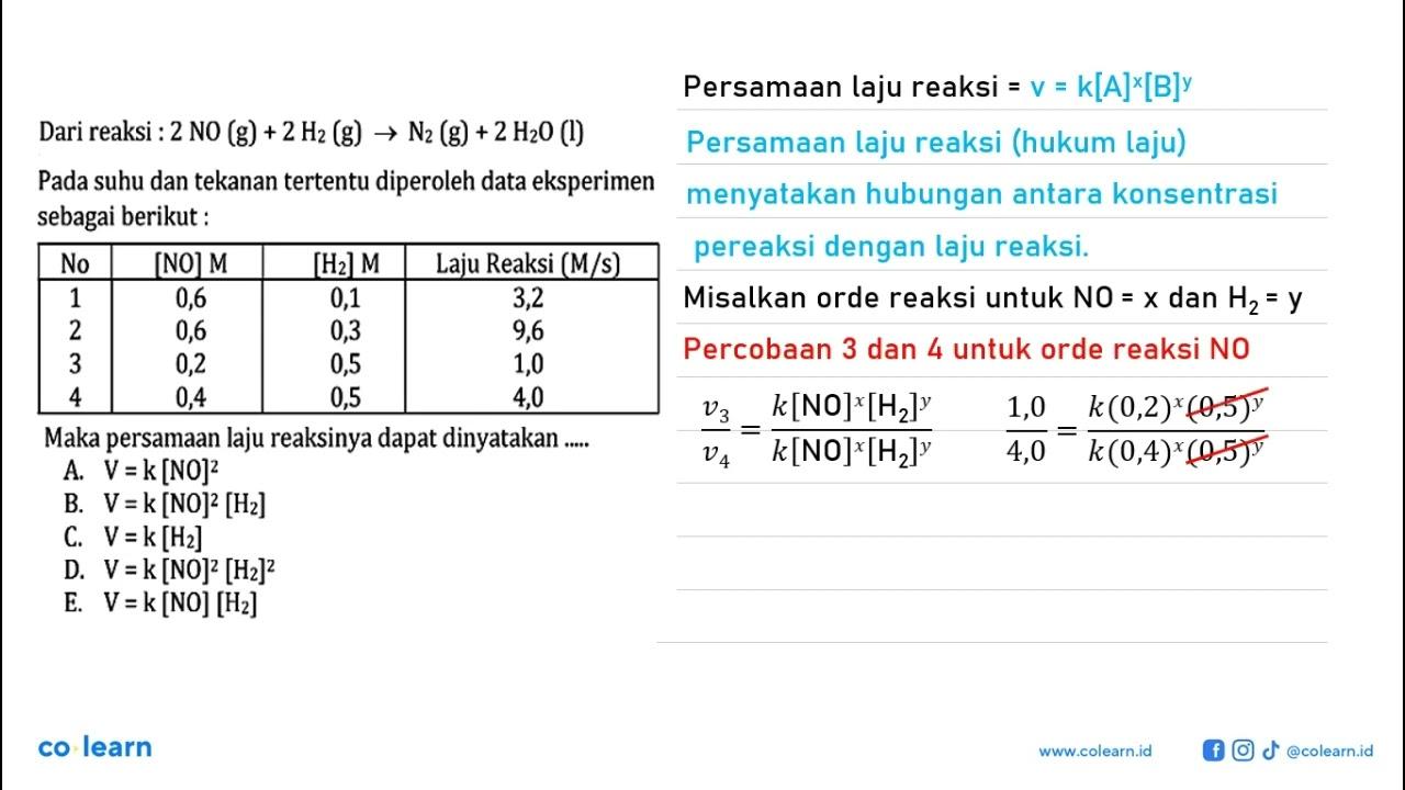 Dari reaksi: 2NO(g)+2H2(g)->N2(g)+2H2O(l) Pada suhu dan