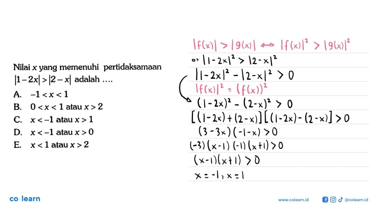 Nilai x yang memenuhi pertidaksamaan |1-2x|>|2-x| adalah