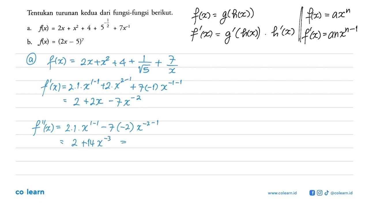 Tentukan turunan kedua dari fungsi-fungsi berikut.a.