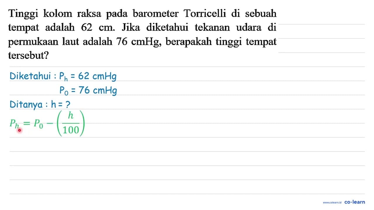 Tinggi kolom raksa pada barometer Torricelli di sebuah