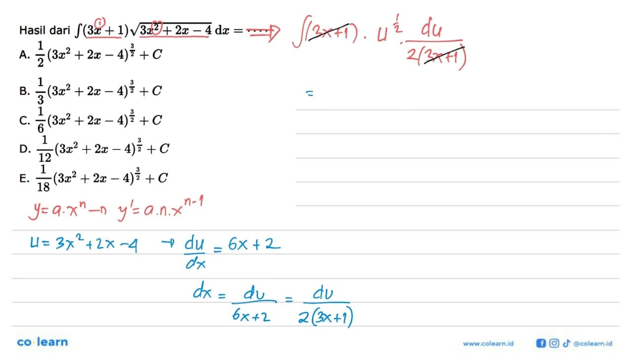 Hasil dari integral (3x+1) akar(3x^2+2x-4) dx=...