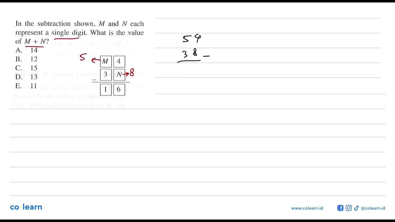 In the subtraction shown, M and N each represent a single