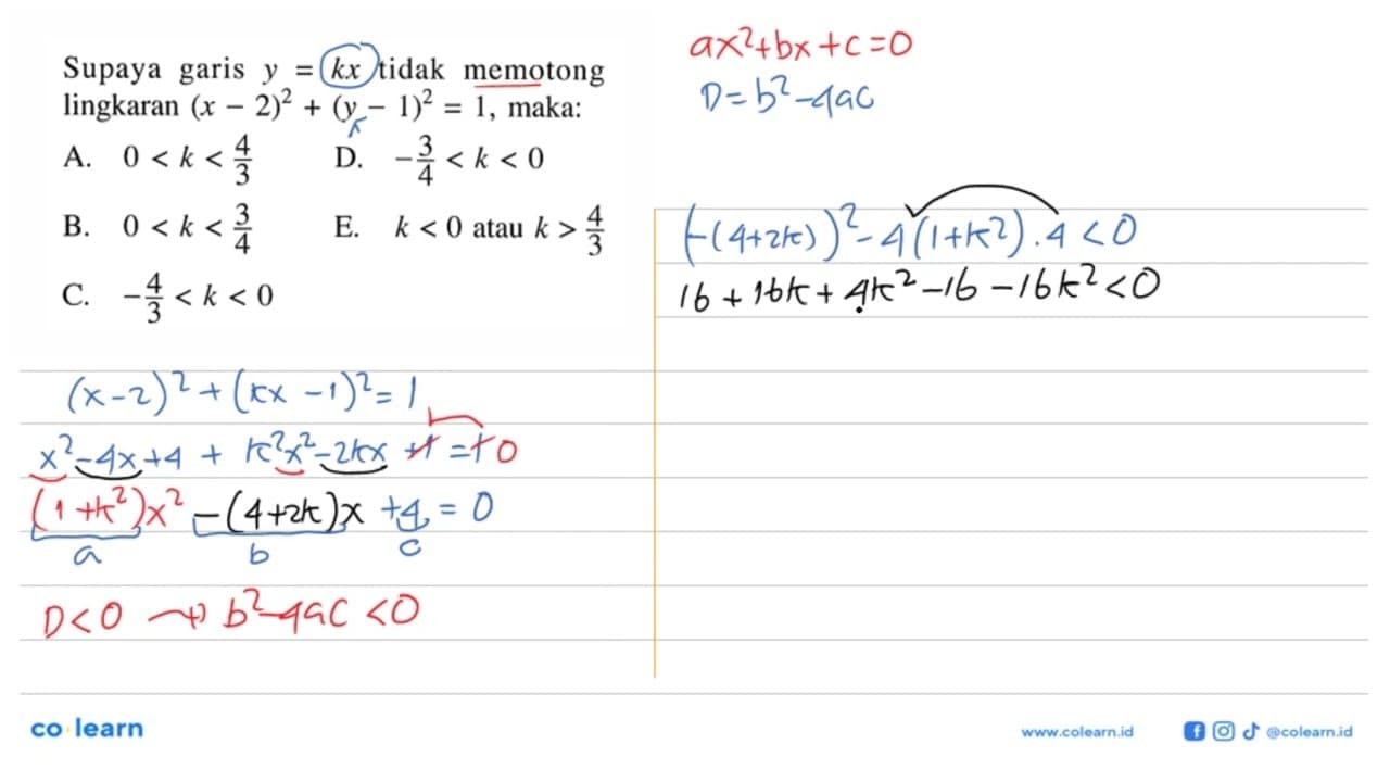 Supaya garis y=kx tidak memotong lingkaran