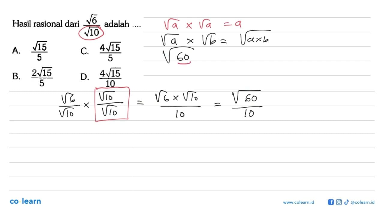 Hasil rasional dari akar(6)/akar(10) adalah