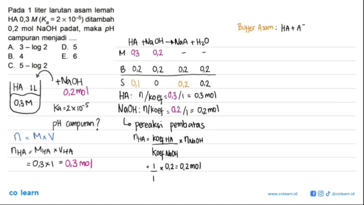 Pada 1 liter larutan asam lemah HA 0,3 M (Ka=2 x 10^(-5))