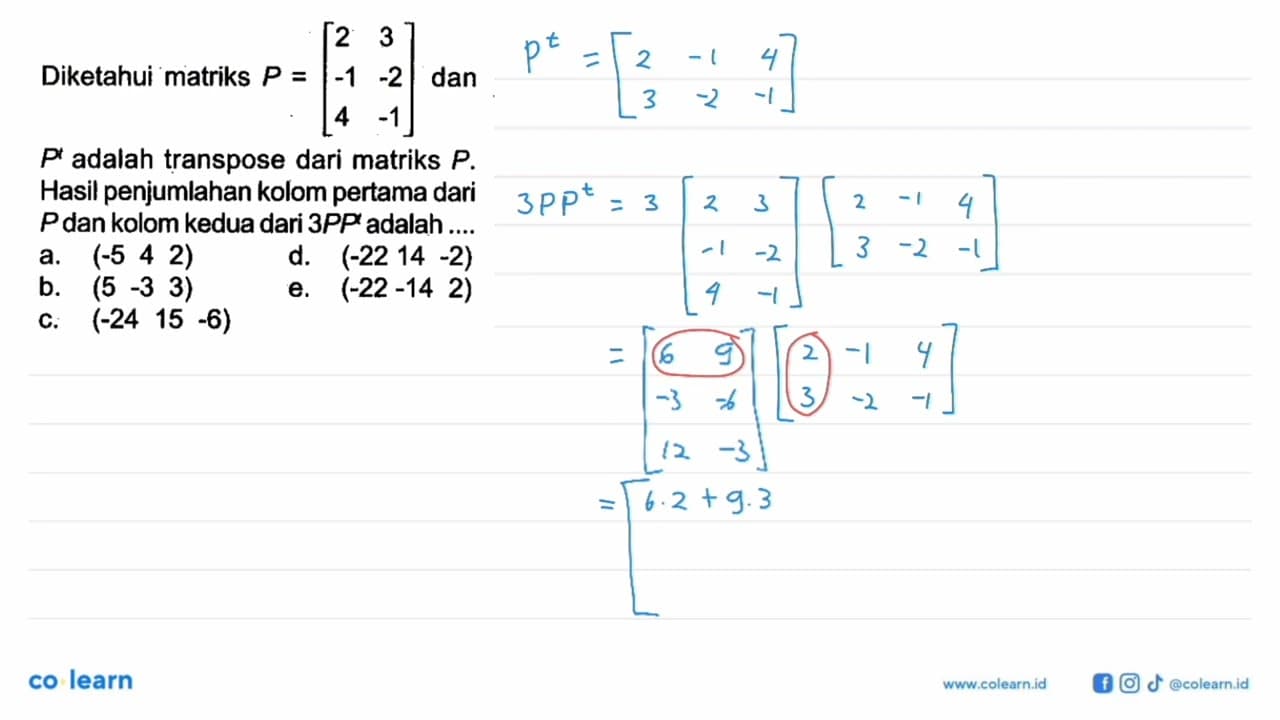 Diketahui matriks P=[2 3 -1 -2 4 -1] dan P^t adalah