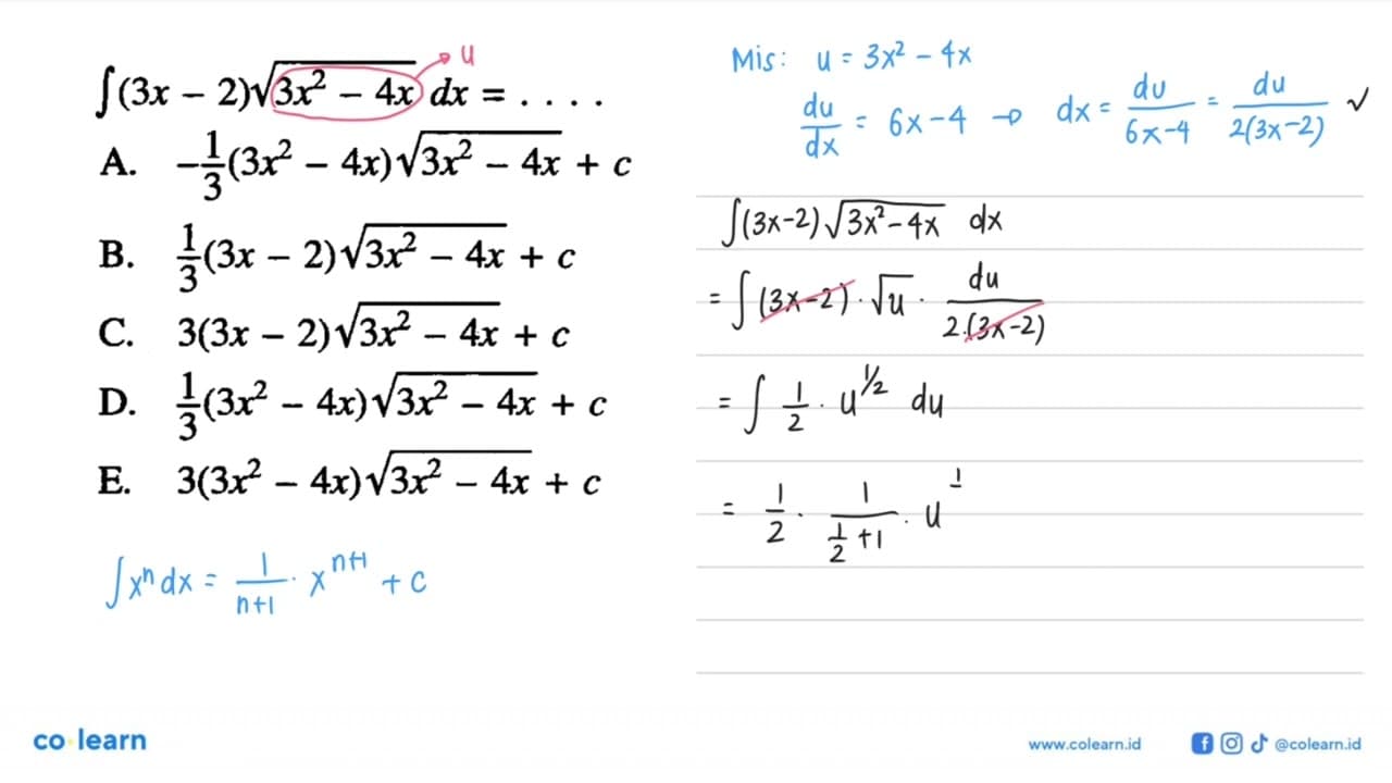 integral (3x-2)akar(3x^2-4x) dx=...