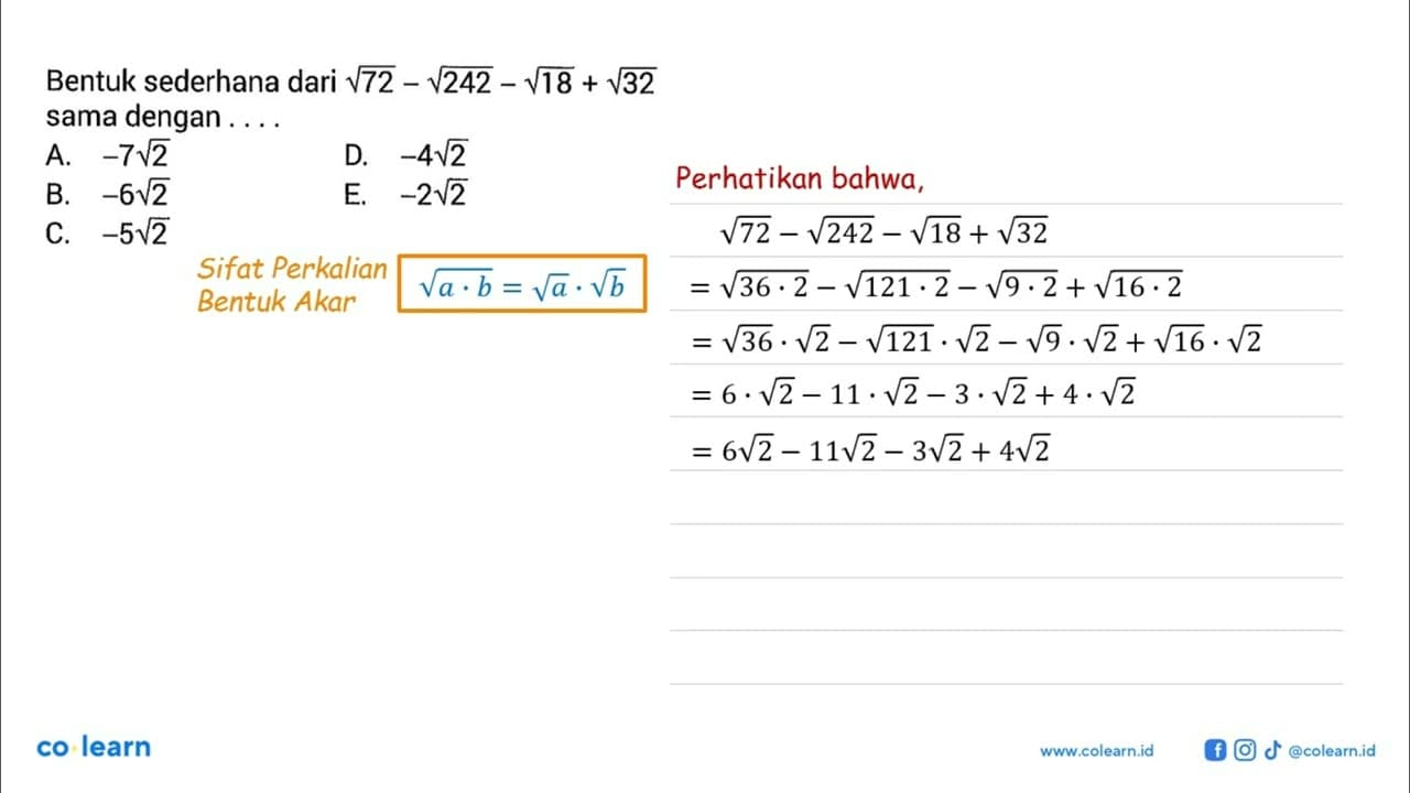 Bentuk sederhana dari akar(72)-akar(242)-akar(18)+akar(32)