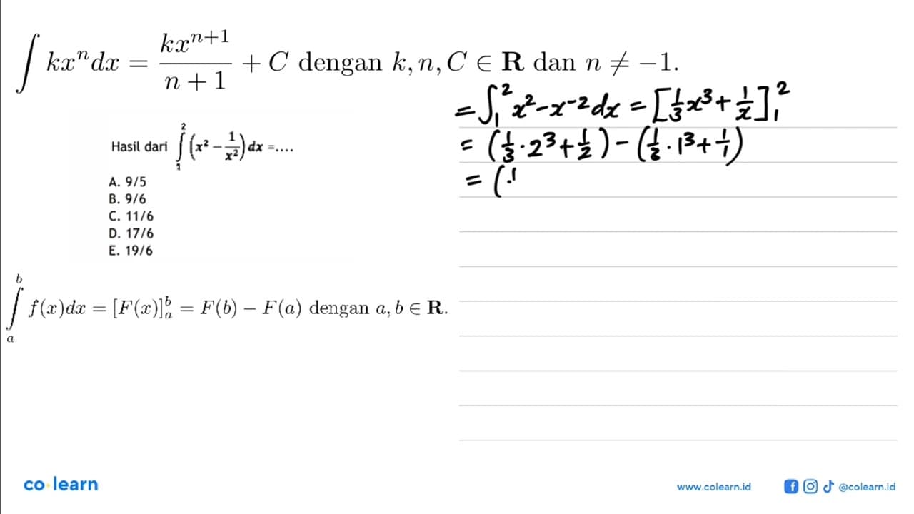 Hasil dari integral 1 2 (x^2-1/x^2) dx= ...