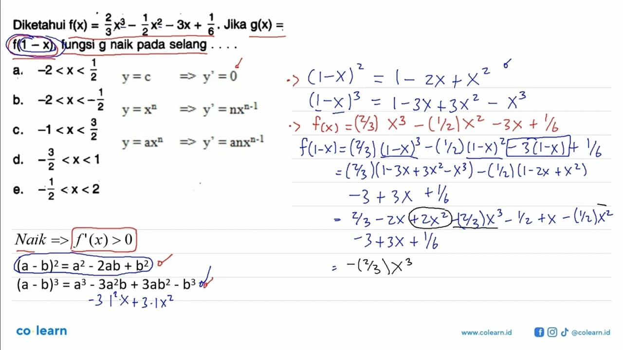 Diketahui f(x)=2/3x^3-1/2x^2-3x+1/6. Jika g(x)=f(1-x),