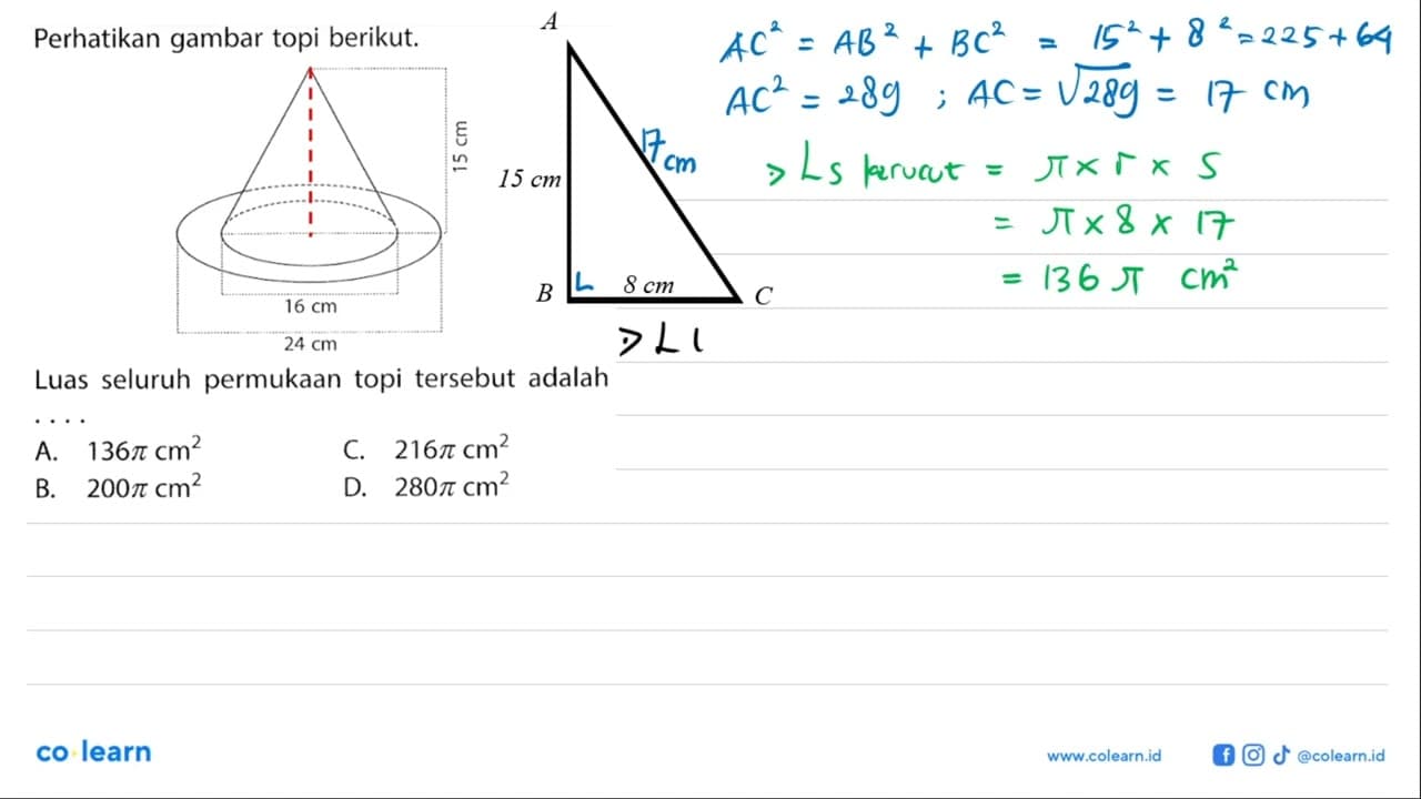 Perhatikan gambar topi berikut.Diamater topi = 16 cm dan 24