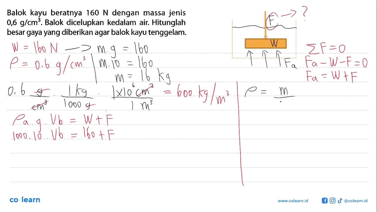 Balok kayu beratnya 160 N dengan massa jenis 0,6 g/cm^3.