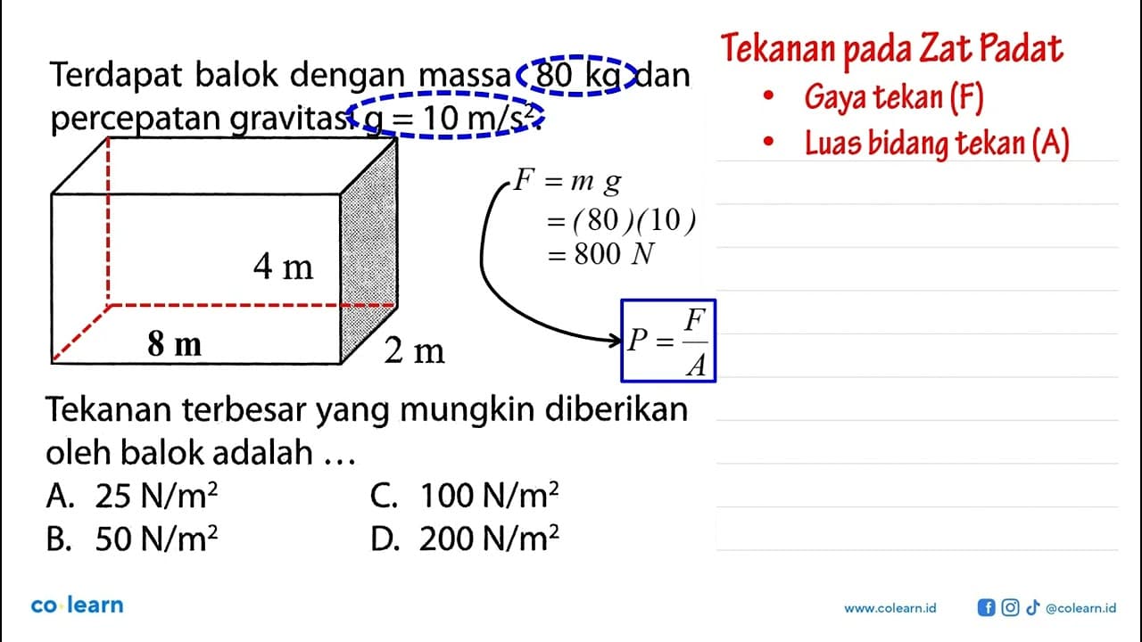 Terdapat balok dengan massa 80 kg dan percepatan gravitasi