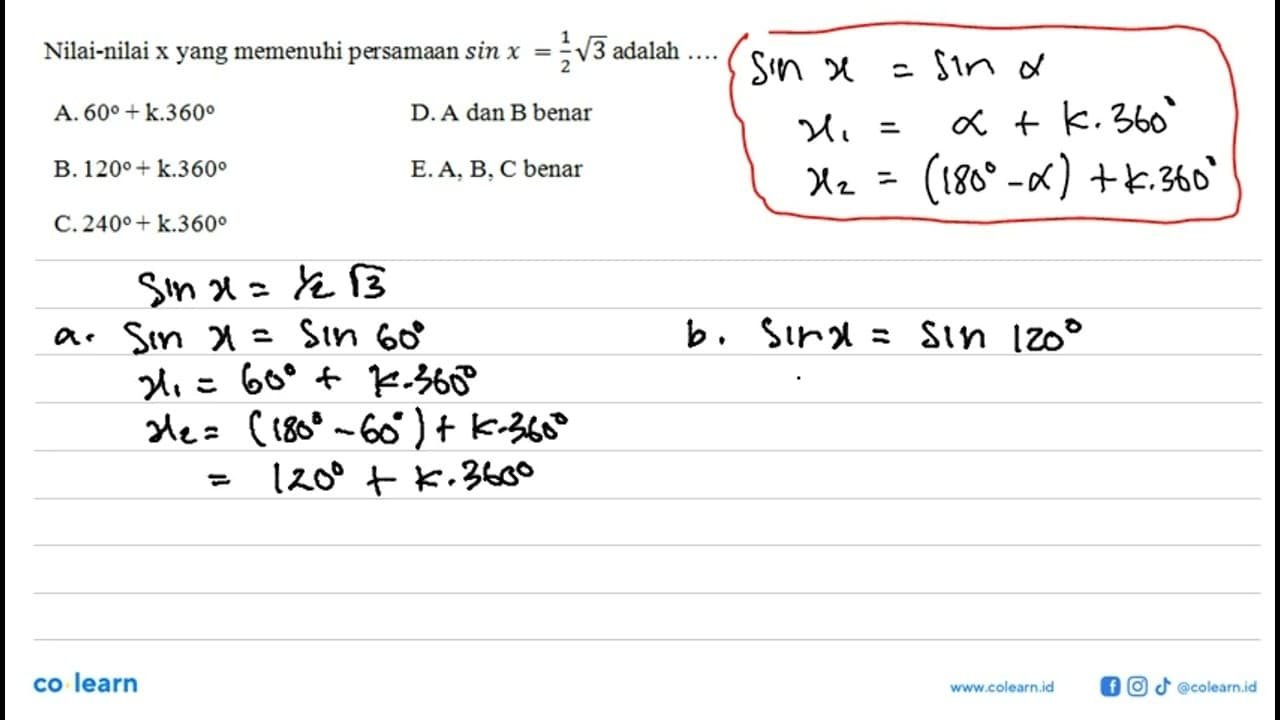 Nilai-nilai x yang memenuhi persamaan sin x=1/2 akar(3)