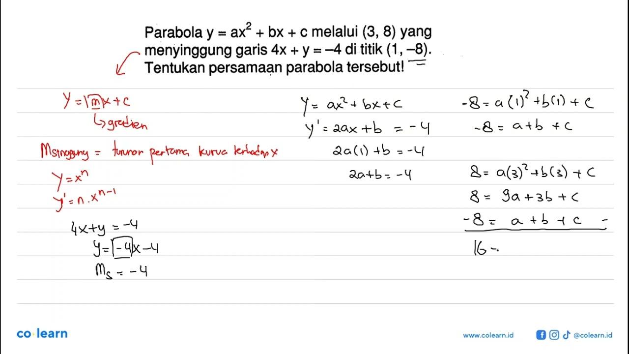 Parabola y = ax^2 + bx + c melalui (3, 8) yang menyinggung