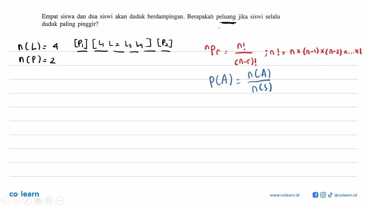 Empat siswa dan dua siswi akan duduk berdampingan.