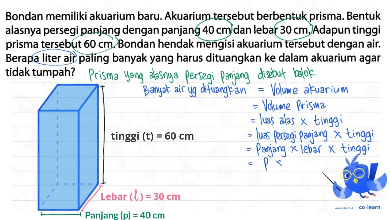 Bondan memiliki akuarium baru. Akuarium tersebut berbentuk