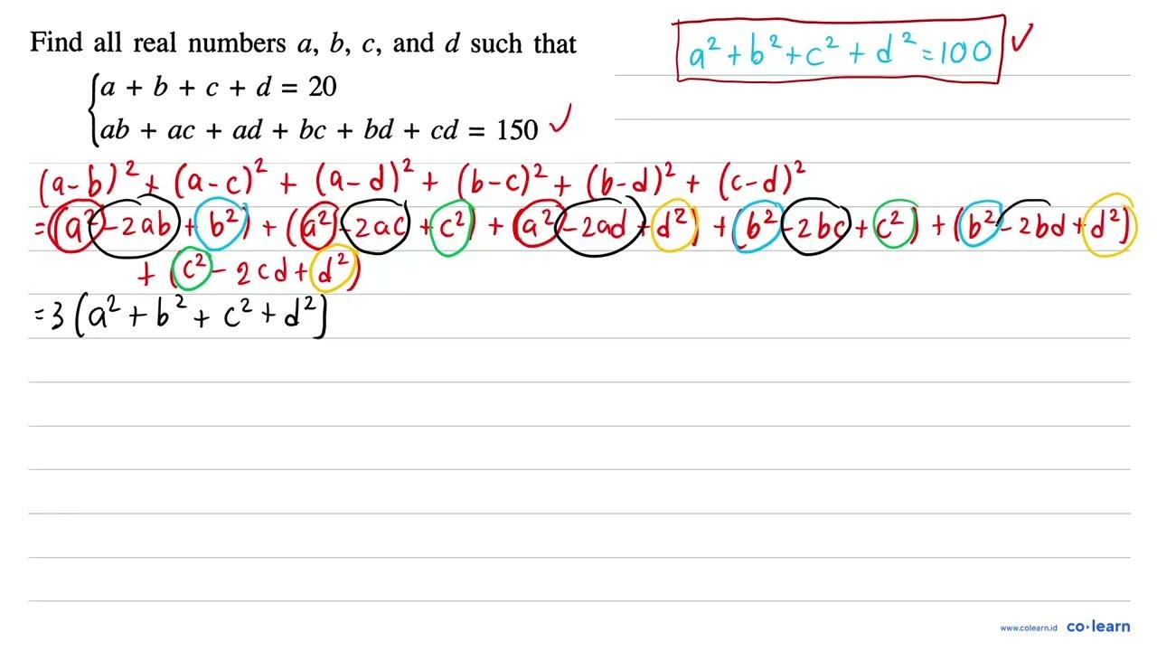 Find all real numbers a, b, c, and d such that a+b+c+d=20