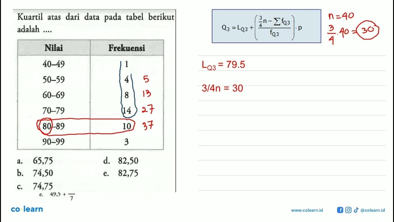 Kuartil atas dari data pada tabel berikut adalah ... Nilai