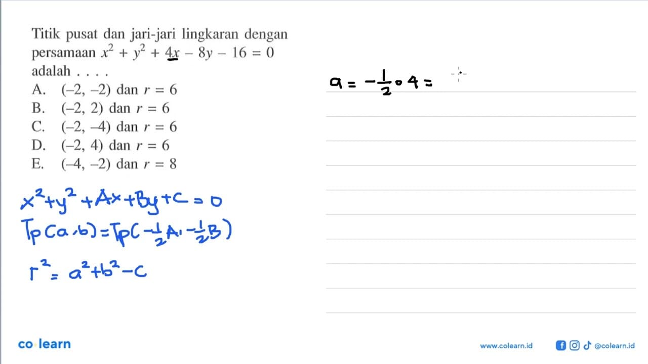 Titik pusat dan jari-jari lingkaran dengan persamaan