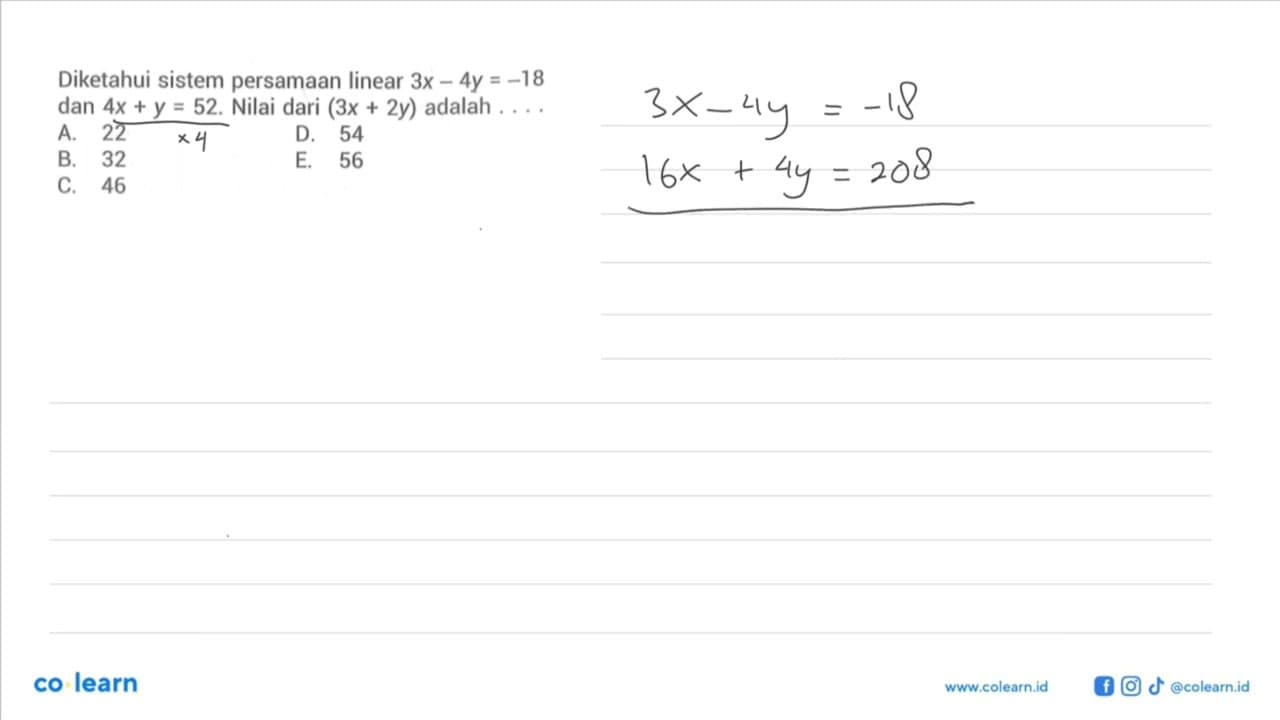 Diketahui sistem persamaan linear 3x-4y=-18 dan 4x+y=52.