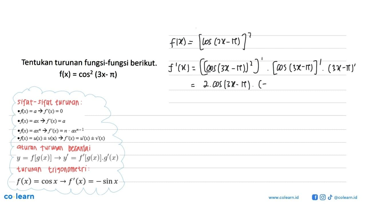 Tentukan turunan fungsi-fungsi berikut.f(x)=cos ^2(3 x-pi)