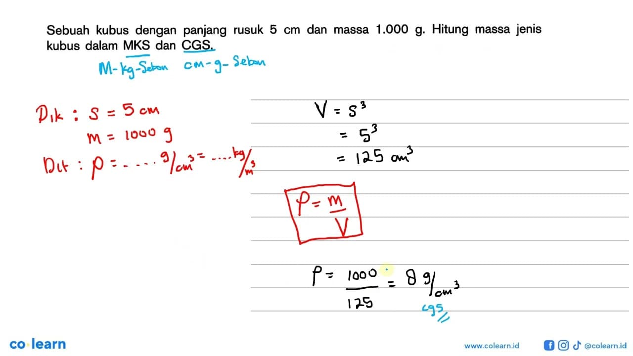 Sebuah kubus dengan panjang rusuk 5 cm dan massa 1.000 g.