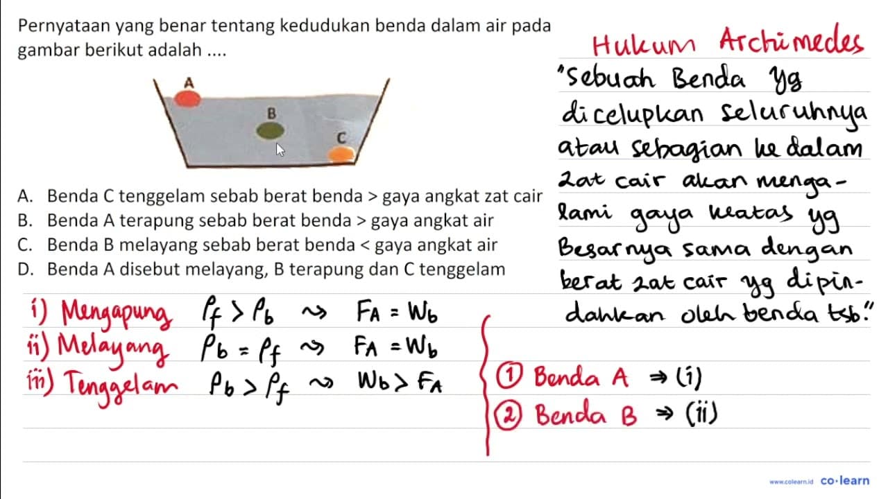 Pernyataan yang benar tentang kedudukan benda dalam air