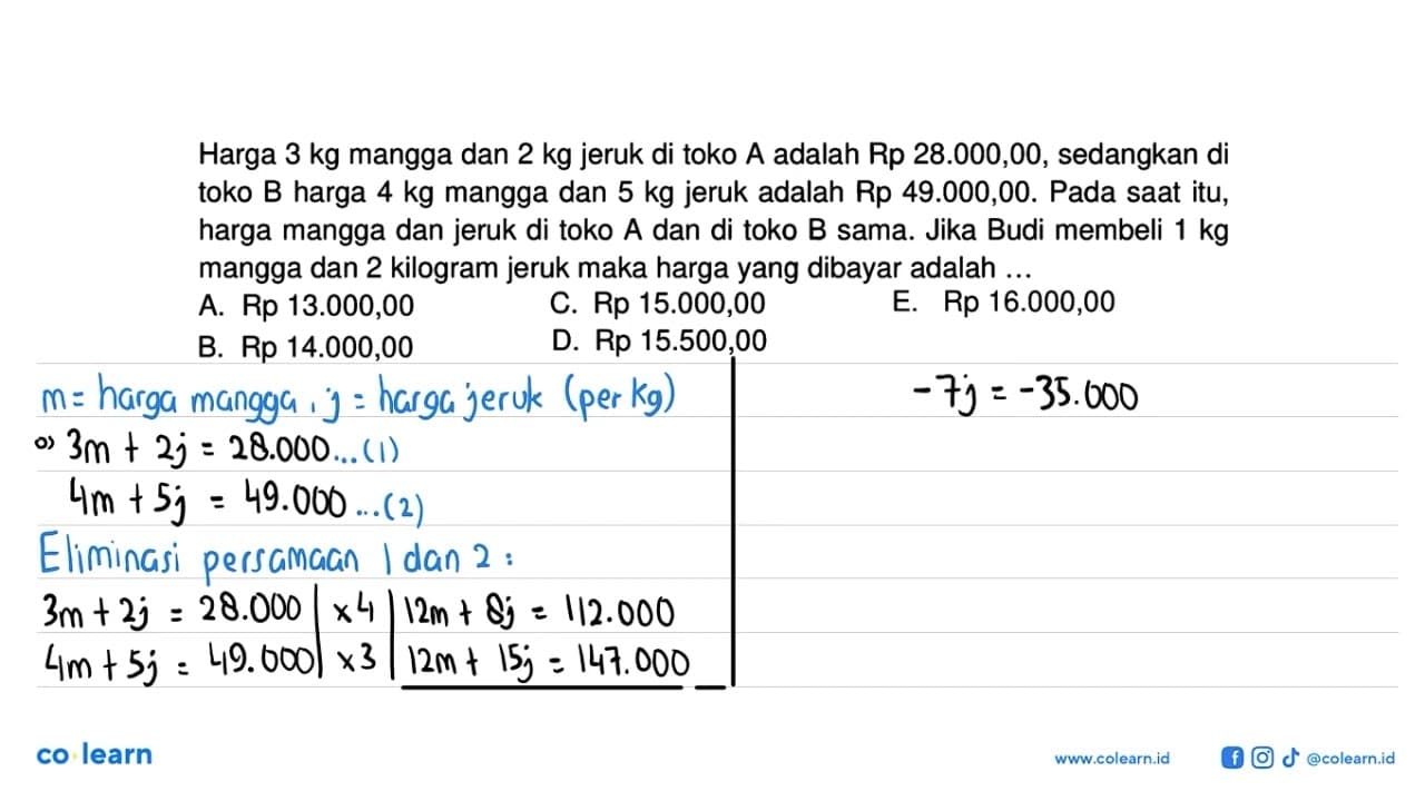 Harga 3 kg mangga dan 2 kg jeruk di toko A adalah Rp