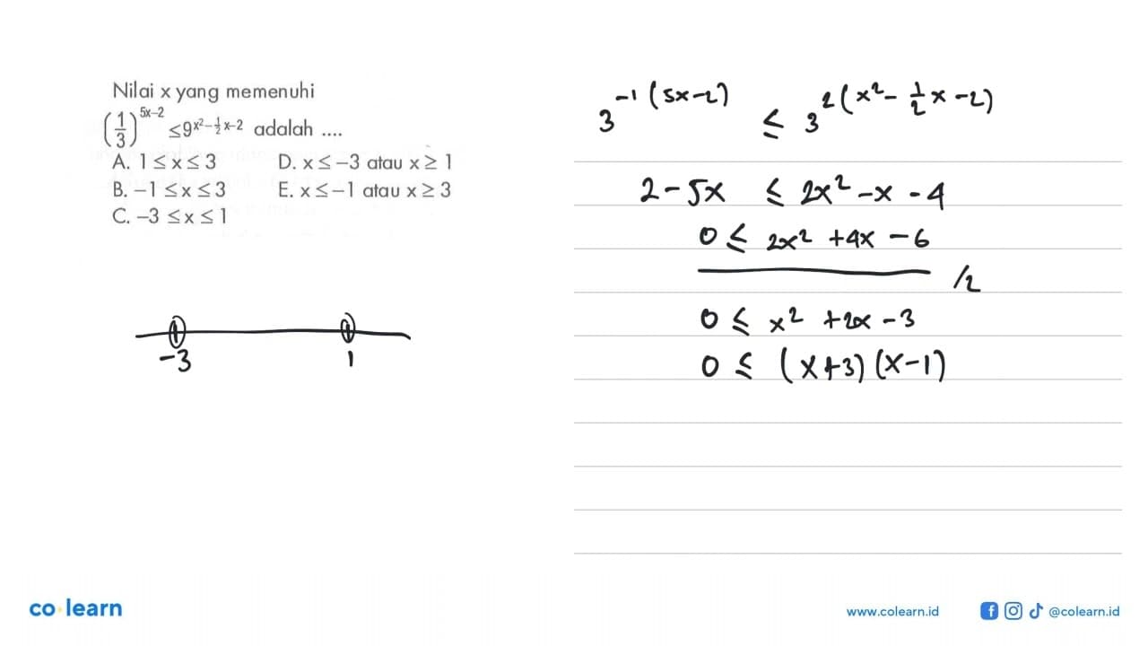 Nilai x yang memenuhi (1/3)^(5x-2)<=9^(x^2-1/2x-2) adalah