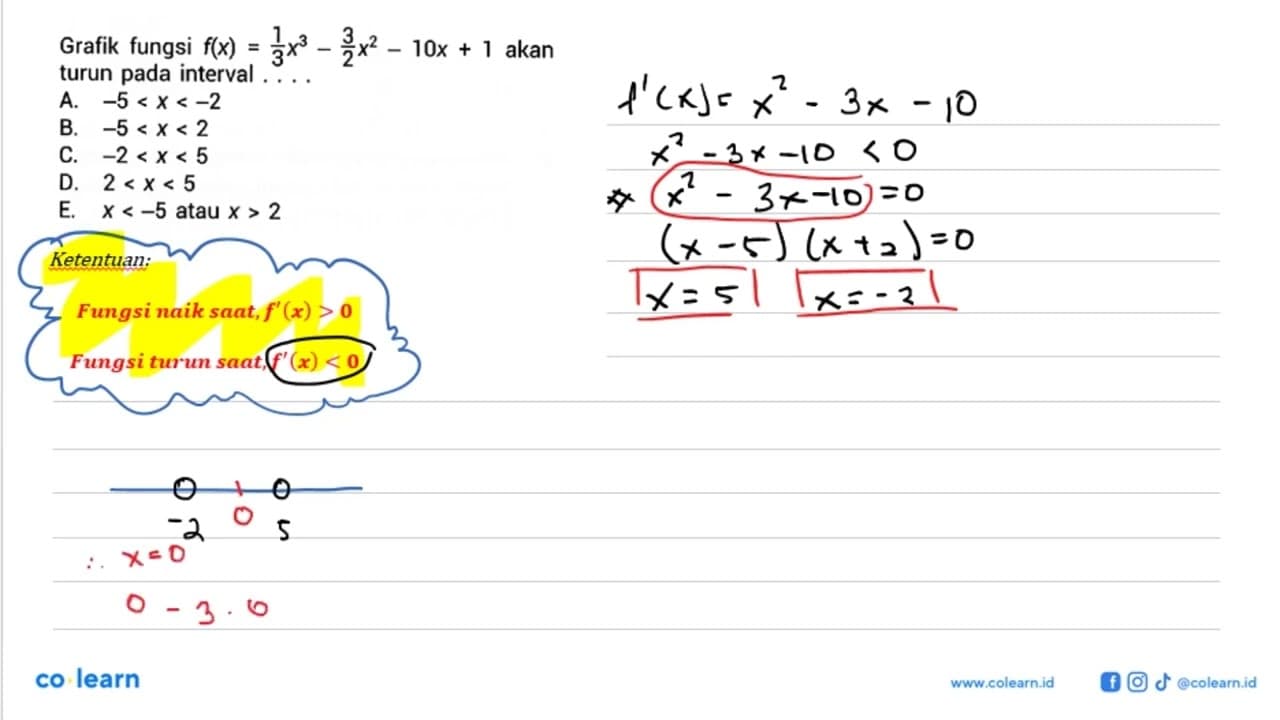 Grafik fungsi f(x)=1/3 x^3-3/2 x^2-10x+1 akan turun pada