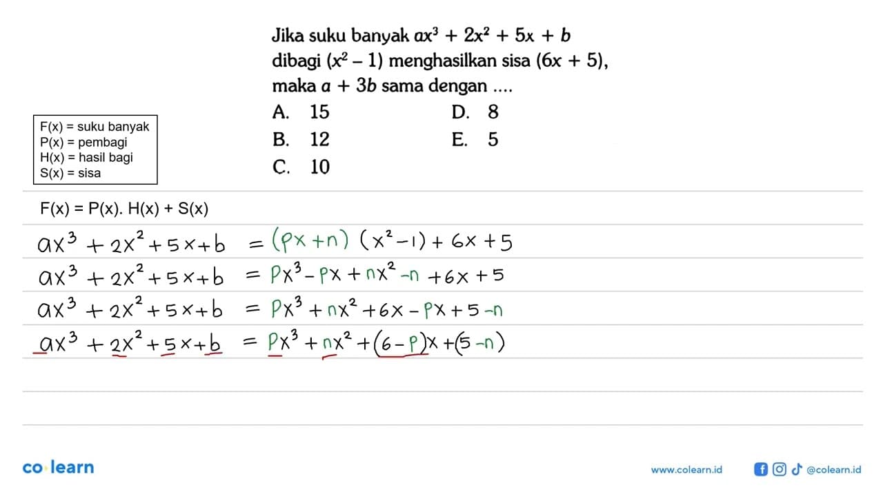 Jika suku banyak ax^3+2x^2+5x+b dibagi (x^2-1) menghasilkan