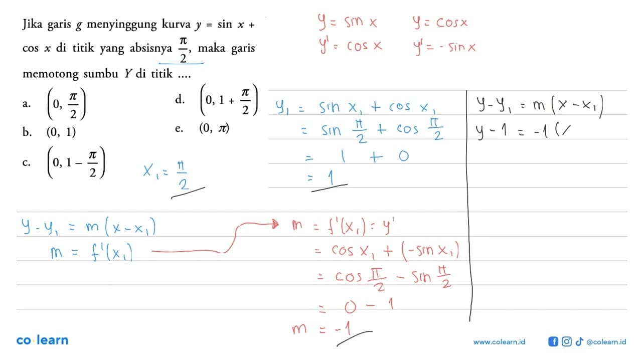 Jika garis g menyinggung kurva y=sin x+cos x di titik yang