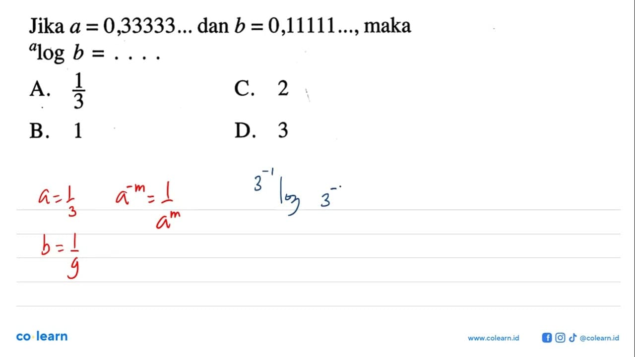 Jika a = 0,33333... dan b =0,11111..., maka alog b =