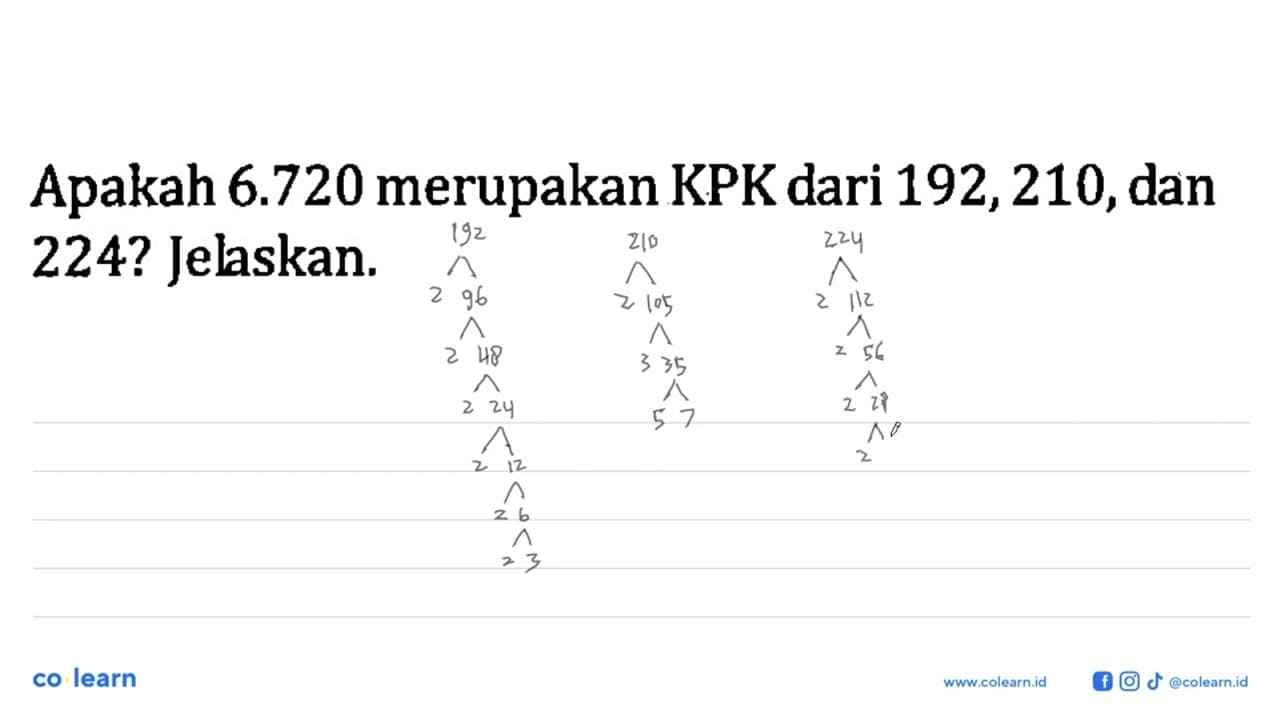 Apakah 6.720 merupakan KPK dari 192,210, dan 224? Jelaskan.