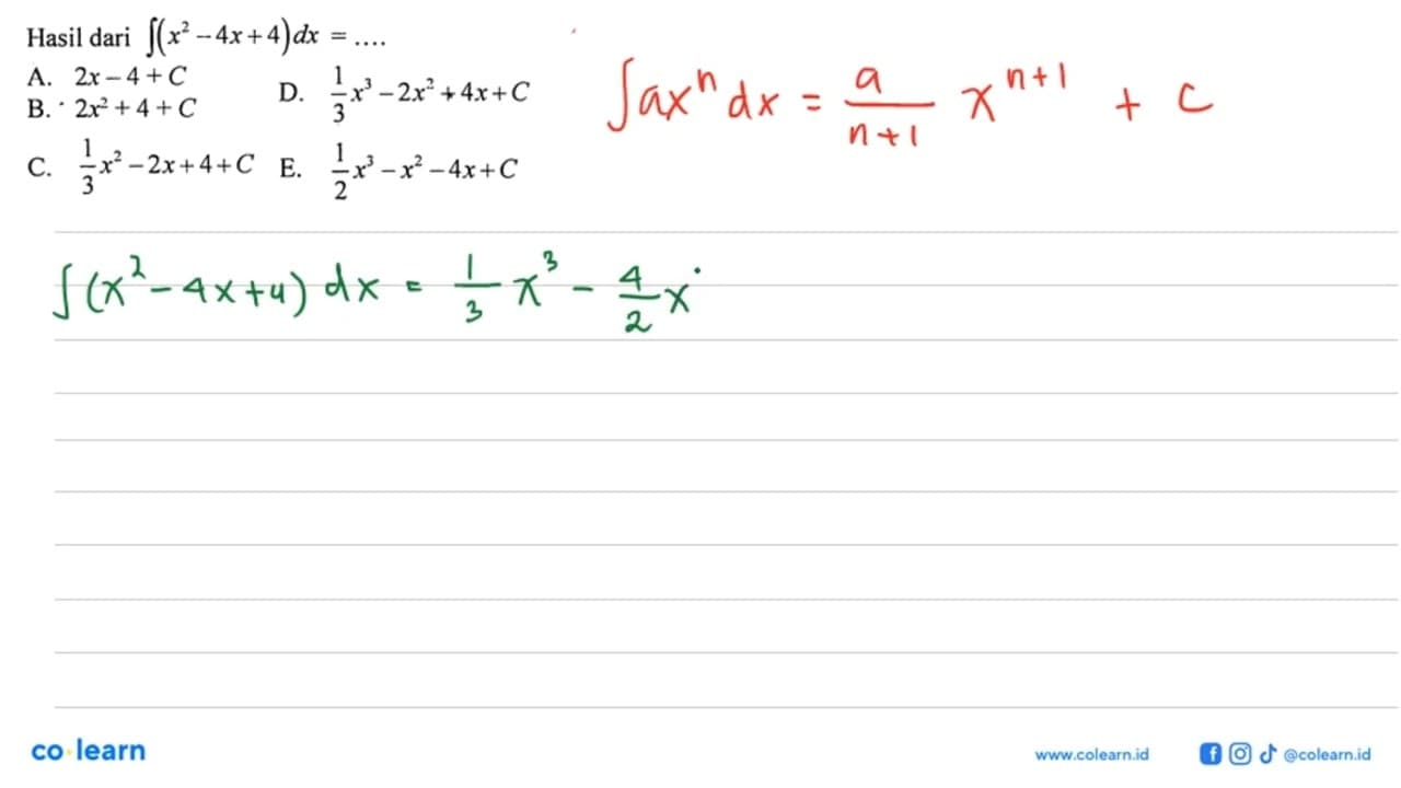 Hasil dari integral (x^2-4x+4) dx=...