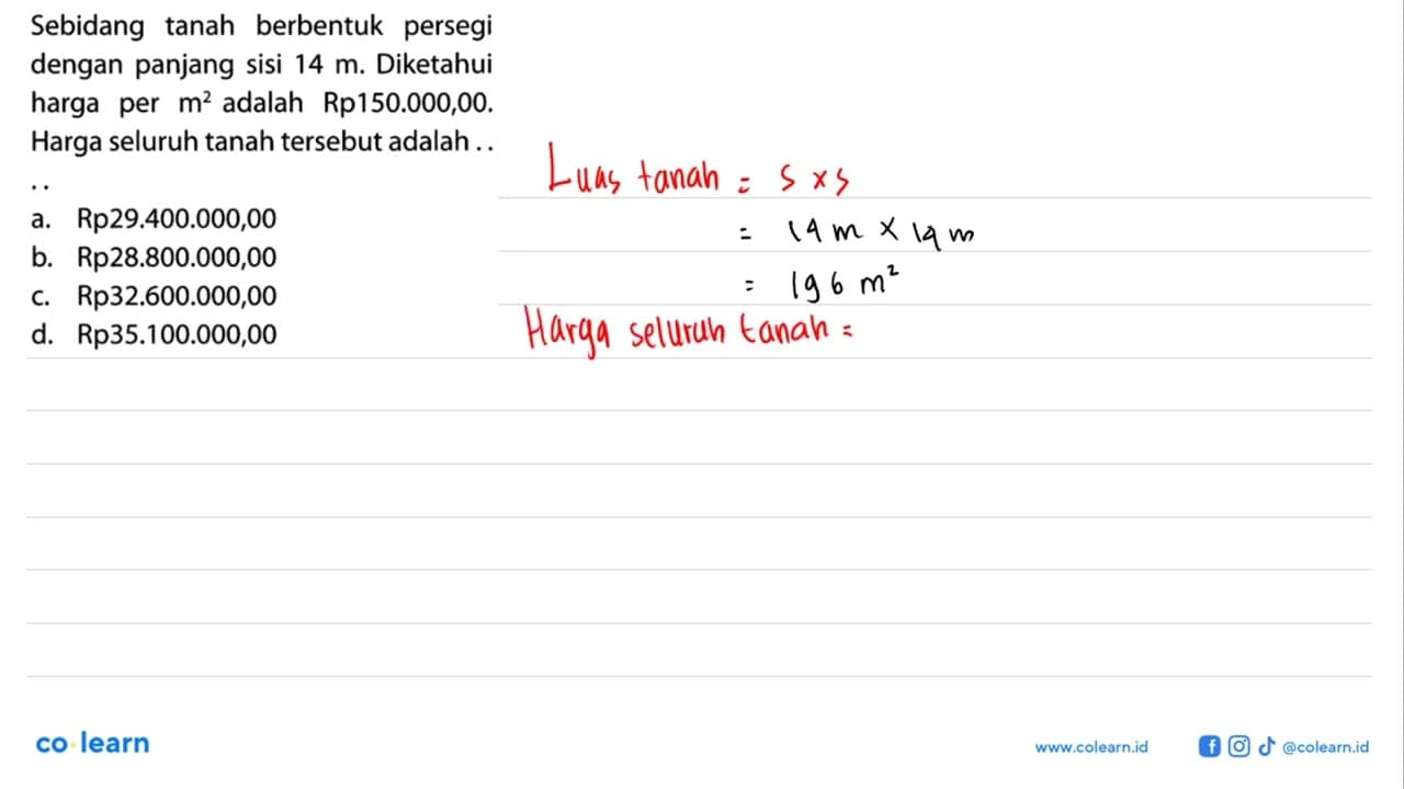 Sebidang tanah berbentuk persegi dengan panjang sisi 14 m.