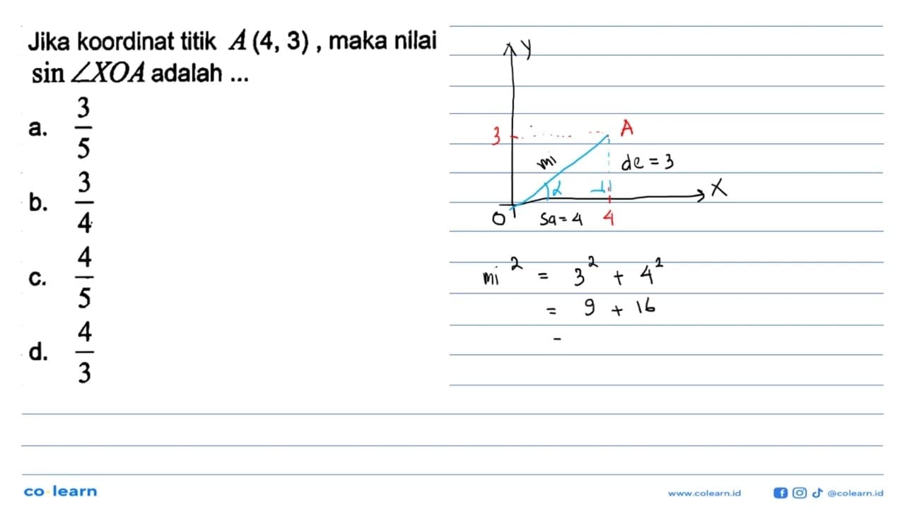 Jika koordinat titik A(4, 3), maka nilai sin sudut XOA