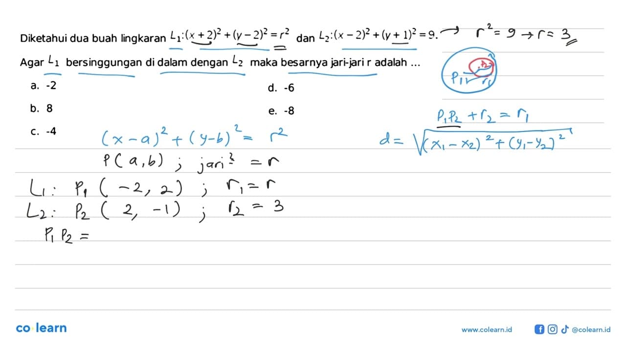 Diketahui dua buah lingkaran L1:(x+2)^2+(y-2)^2=r^2 dan