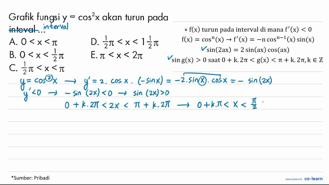 Grafik fungsi y=cos^2 x akan turun pada inteval ...