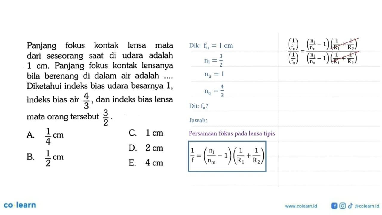 Panjang fokus kontak lensa mata dari seseorang saat di